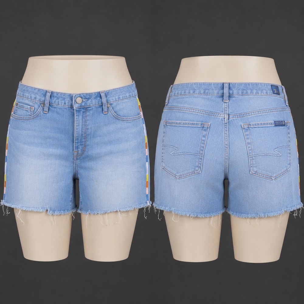 Seven7 Denim Shorts Women 14 Raw Hem Rainbow Stripe Stretch Cutoff Festival Boho